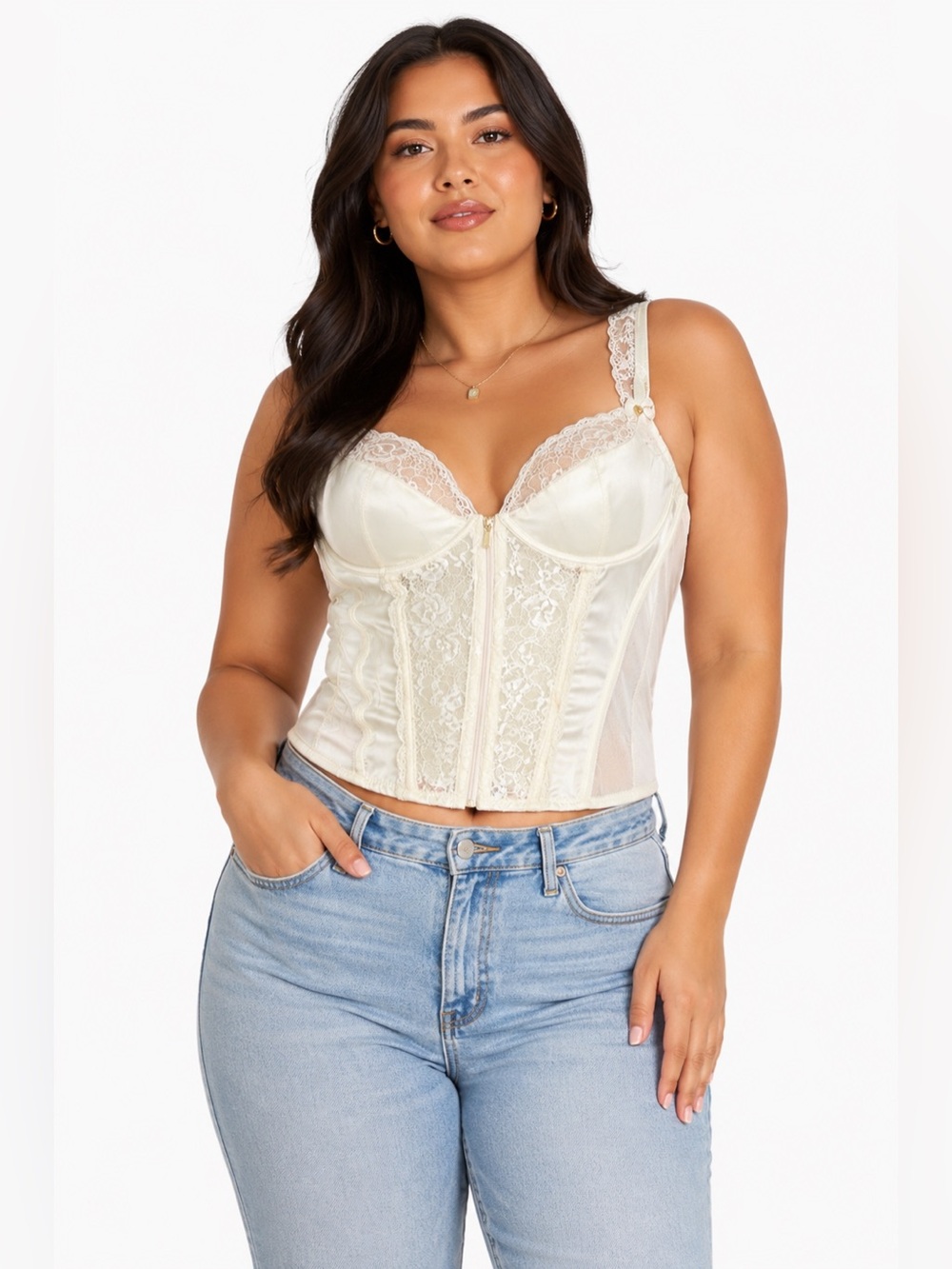 NWOT Y2K European Vintage Lovehoney Lace/Mesh Zip Front Corset (Ivory/Cream) L